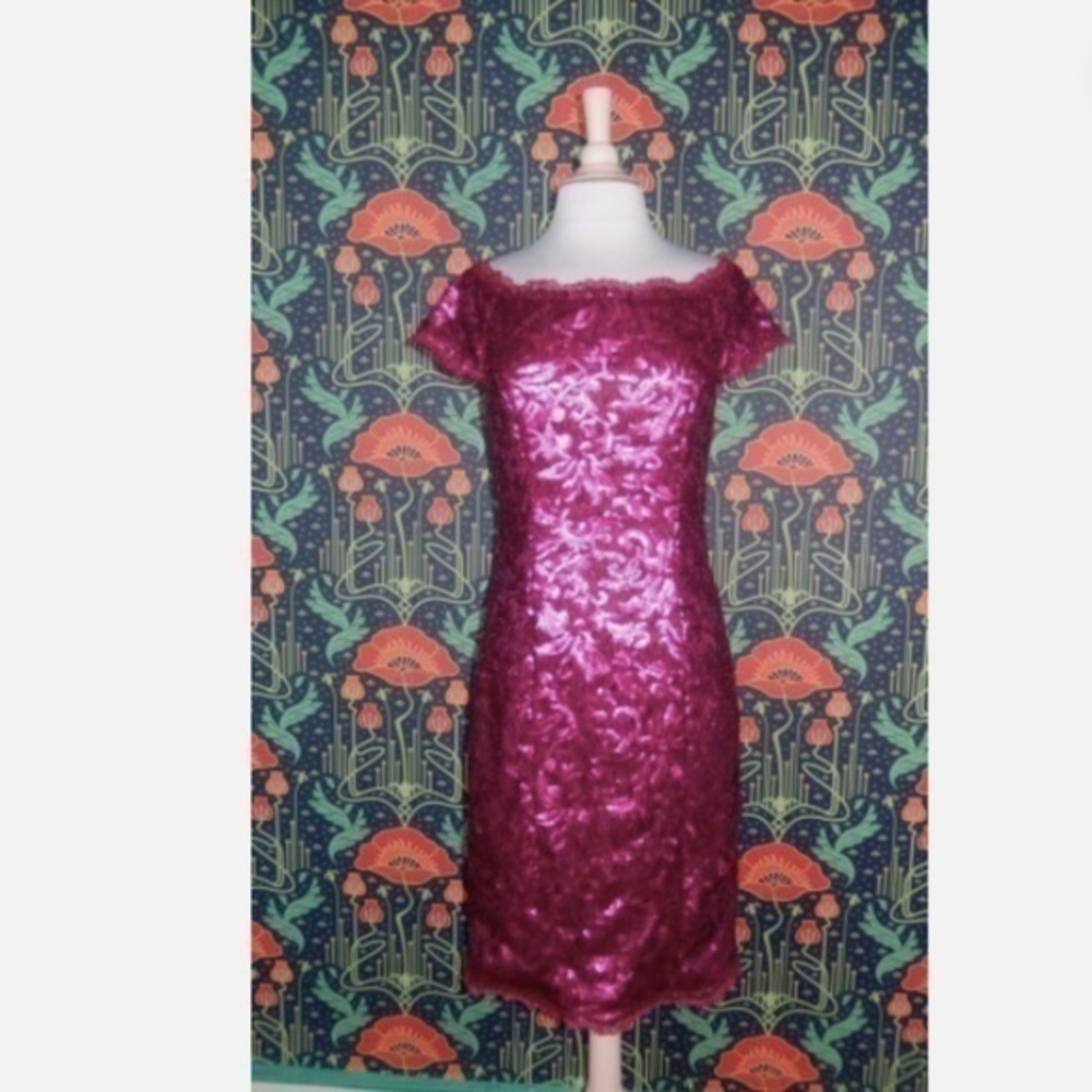 JS Collections Fushcia Hot Pink Sequin Sheath Short Sleeve Cocktail Dress 8